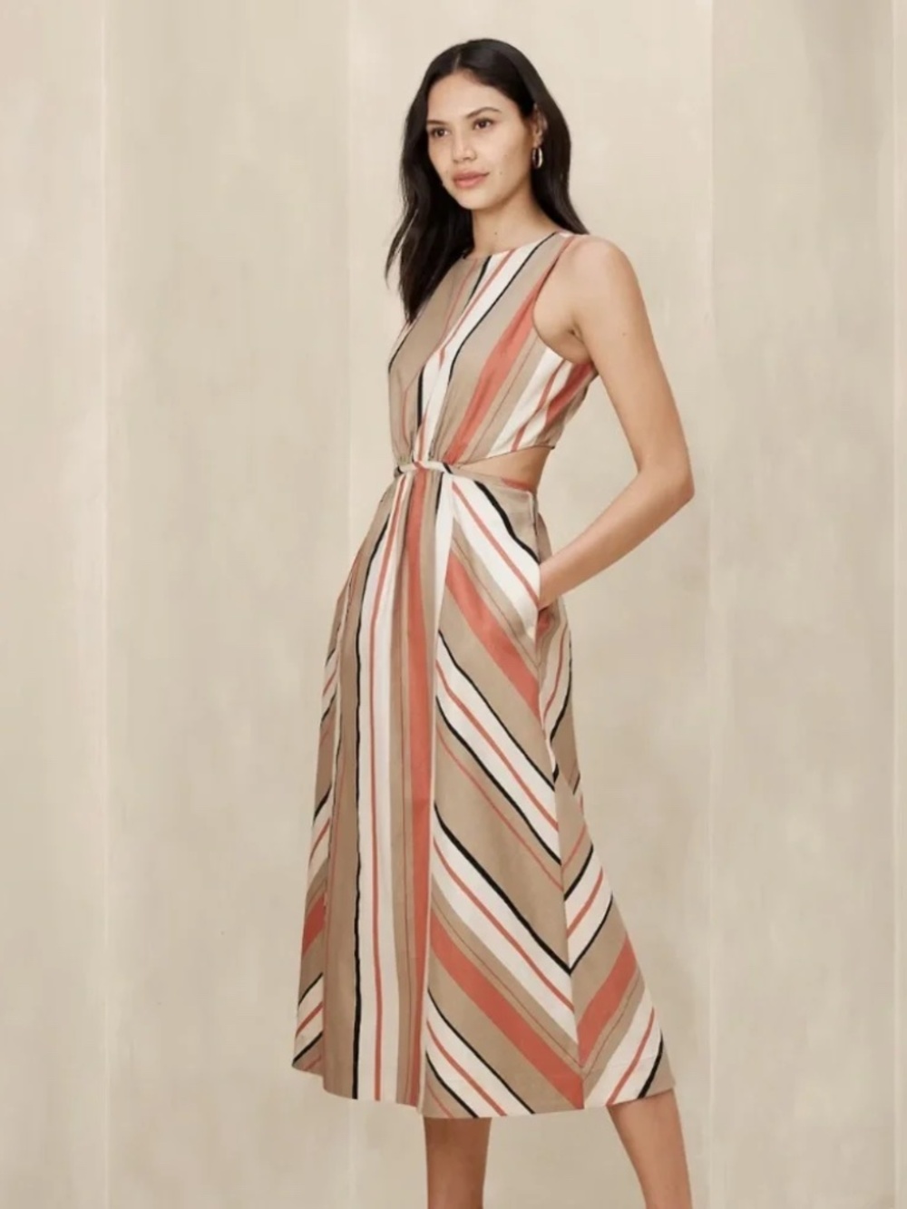 Banana Republic Linen-Blend Cut-Out Striped Midi Dress